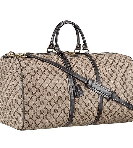 Gucci Large Carry on Duffel Grey Canvas Brown Trim with Strap