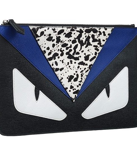 Fendi Bag Bugs Motif Black And Blue Leather Flat Pouch 18927331