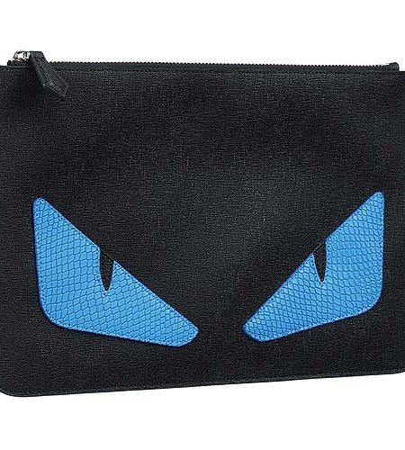 Fendi Bag Bugs Motif Blue Phyton and Black Leather Flat Pouch 18927333