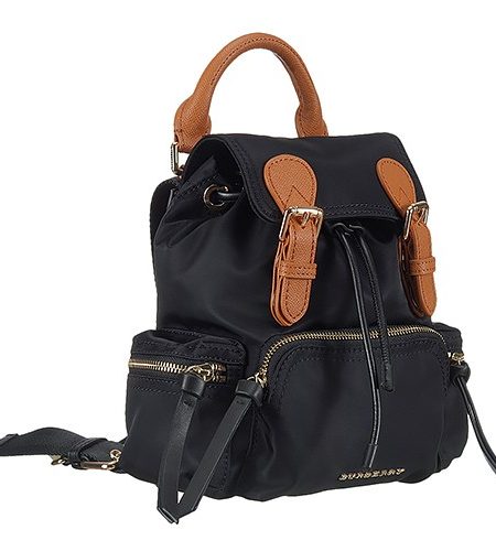 Burberry Medium Backpack Black Nylon Tan Leather Trim 18927044