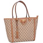 Gucci Large Logo Printed Canvas Tan Leather Trim Shopper Tote