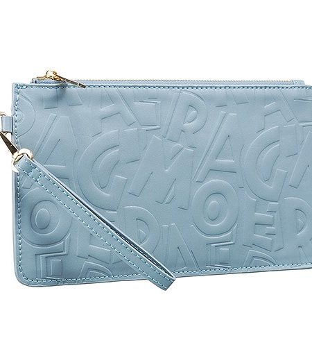 Salvatore Ferragamo Embossed Light Blue Leather Wristlet 18927372