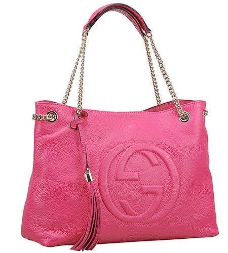 Gucci Large Soho Leather Shoulder Bag with Chain Straps Bright Pink