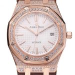 Swiss Audemars Piguet Royal Oak White Dial Gold Case With Diamonds Brown Leather Strap