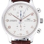 IWC Portugieser Chronograph White Dial Rose Gold Hands And Numerals Stainless Steel Case Brown Leather Strap