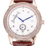 Vacheron Constantin Traditionnelle White Ship Dial Rose Gold Case With Diamonds Brown Leather Strap