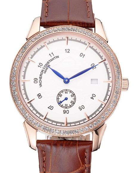 Vacheron Constantin Traditionnelle White Ship Dial Rose Gold Case With Diamonds Brown Leather Strap