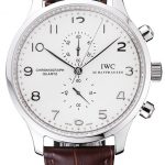 IWC Portugieser Chronograph White Dial Steel Hands And Numerals Stainless Steel Case Brown Leather Strap