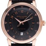 Patek Philippe Swiss Calatrava Ribbed Bezel Black Dial Black Leather Strap 7651