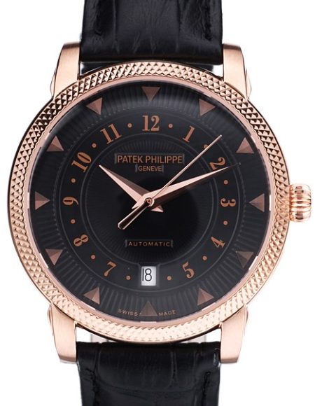 Patek Philippe Swiss Calatrava Ribbed Bezel Black Dial Black Leather Strap 7651