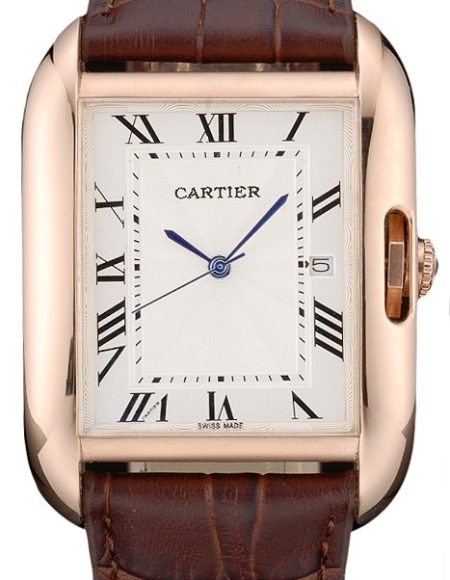 Cartier Tank Anglaise 36mm White Dial Gold Case Brown Leather Bracelet