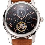 Patek Philippe Grand Complications Day Date Tourbillon Black Dial Rose Gold Numerals Stainless Steel Case Brown Suede Leather Strap 1453815