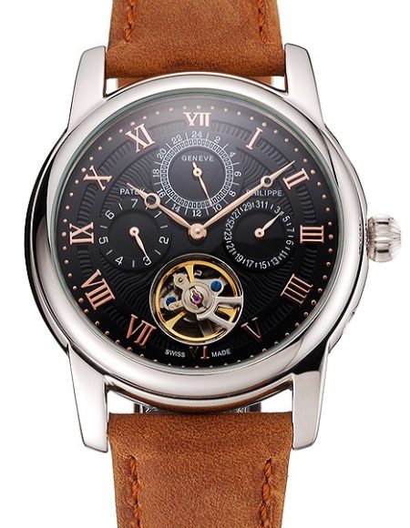 Patek Philippe Grand Complications Day Date Tourbillon Black Dial Rose Gold Numerals Stainless Steel Case Brown Suede Leather Strap 1453815