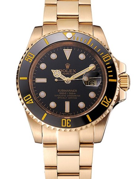 Swiss Rolex Submariner Black Dial Black Bezel Yellow Gold Case And Bracelet