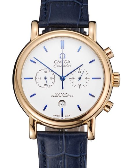 Omega Seamaster Vintage Chronograph White Dial Blue Hour Marks Gold Case Blue Leather Strap