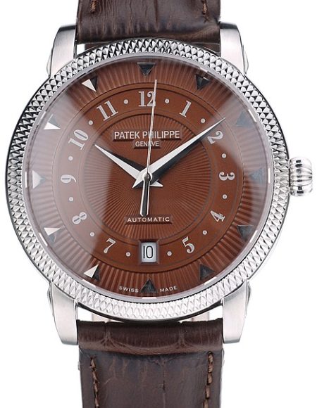 Patek Philippe Swiss Calatrava Ribbed Bezel Brown Dial Brown Leather Strap 7658