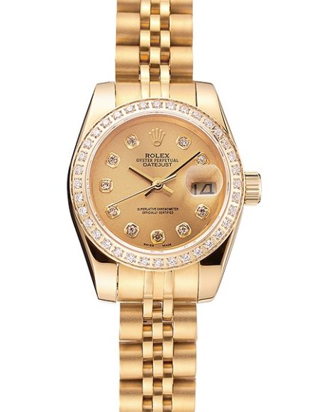Swiss Rolex Lady-Datejust Champagne Dial Diamond Bezel Gold Jubilee Bracelet 1454096