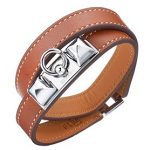 Hermes Replica Silver Pyramid Accent Cadena Lock Slim Tan Leather Bracelet