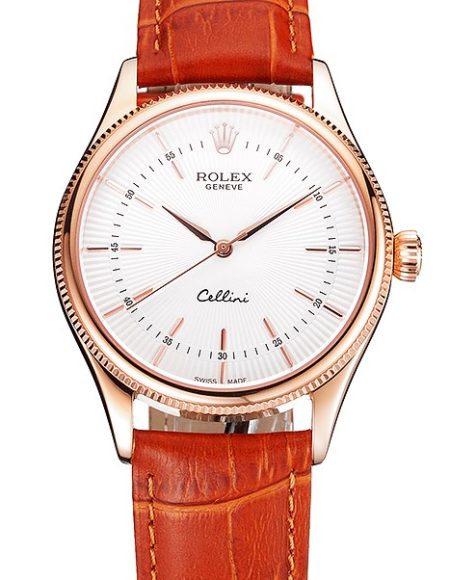 Swiss Rolex Cellini White Dial Rose Gold Case Brown Leather Strap