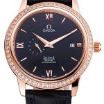 Omega De Ville Prestige Co-Axial Black Dial Rose Gold Diamond Case Black Leather Strap Roman Numeral