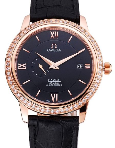 Omega De Ville Prestige Co-Axial Black Dial Rose Gold Diamond Case Black Leather Strap Roman Numeral