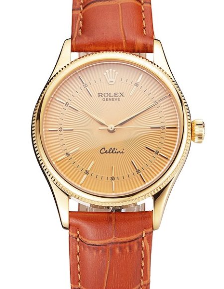 Swiss Rolex Cellini Gold Dial And Markings Gold Case Light Brown Leather Strap