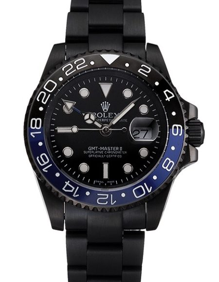 Swiss Rolex GMT Master II Black Dial Blue And Black Bezel Black PVD Case And Bracelet