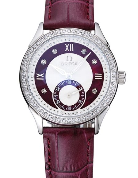 Omega DeVille Prestige Dark Red Dial Silver Diamond Case Dark Red Leather Bracelet  1454121