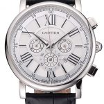 Cartier Rotonde Chronograph White Dial Stainless Steel Case Black Leather Strap