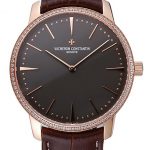 Swiss Vacheron Constantin Patrimony Grand Taille Grey Dial Rose Gold Diamonds Case Brown Leather Bracelet  1454172