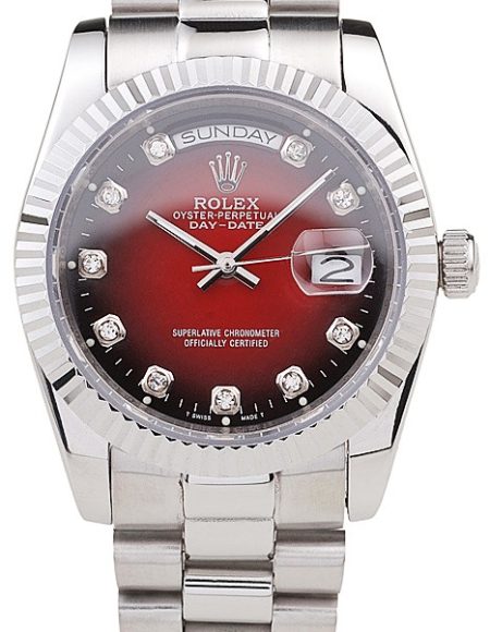 Rolex Day-Date Polished Stainless Steel Two Tone Red Dial