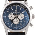 Breitling Transocean Black Dial Black Leather Strap  Polished Stainless Steel Bezel