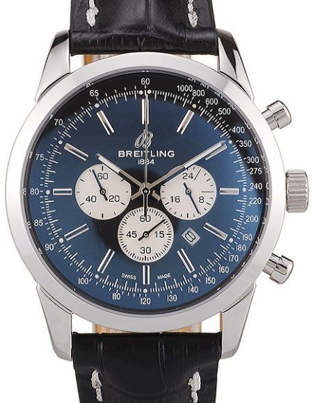 Breitling Transocean Black Dial Black Leather Strap  Polished Stainless Steel Bezel