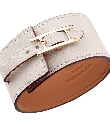 Hermes Hapi Wide White Leather Gold Hardware Bracelet 700606