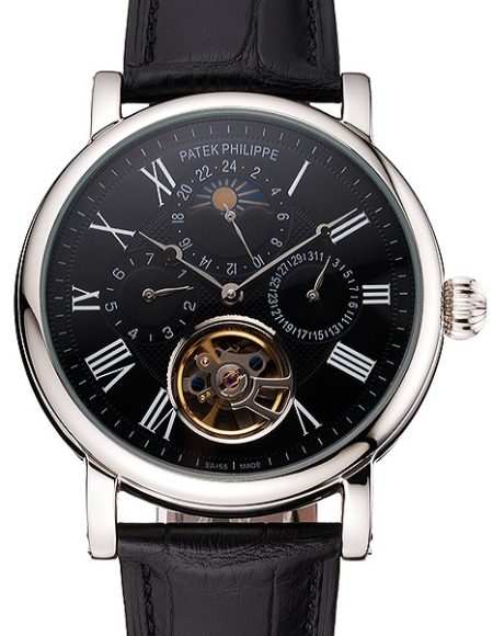 Patek Philippe Grand Complications Moonphase Perpetual Calendar Tourbillon Black Dial Stainless Steel Case Black Leather Strap