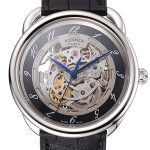 Swiss Hermes Arceau Skeleton Black Dial Blue Hands Stainless Steel Case Black Leather Strap