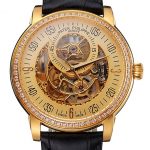 Swiss Patek Philippe Complications Openworked Dial Gold Case Diamond Bezel Black Leather Strap