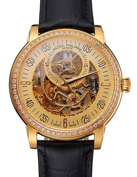 Swiss Patek Philippe Complications Openworked Dial Gold Case Diamond Bezel Black Leather Strap