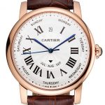 Swiss Cartier Rotonde Annual Calendar White Dial Rose Gold Case Brown Leather Strap