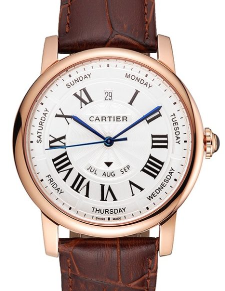 Swiss Cartier Rotonde Annual Calendar White Dial Rose Gold Case Brown Leather Strap