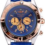 Breitling Chronomat Blue Dial Rose Gold Bezel And Subdials Stainless Steel Case Blue Leather Strap