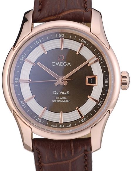Omega Swiss DeVille Rose Gold Bezel Brown Leather Strap 7614