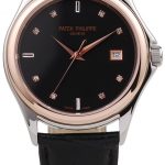 Patek Philippe Geneve Calatrava Crystal Studded Hour Marker Black Dial Black Leather Strap 98169