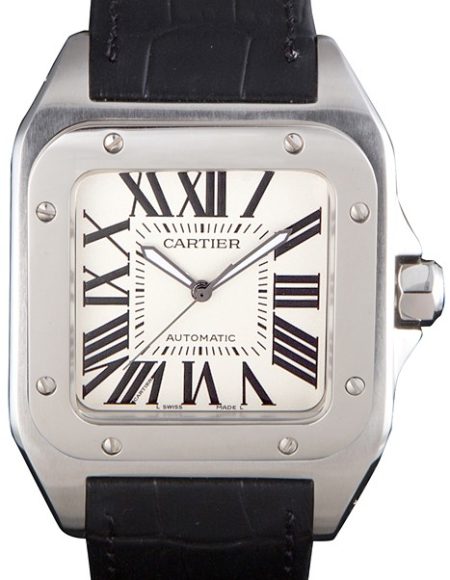 Swiss Cartier Santos Stainless Steel Bezel with Black Leather Strap  621524