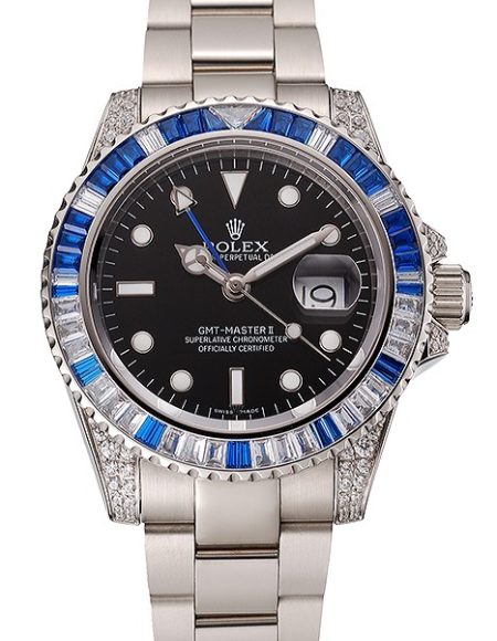 Swiss Rolex GMT Master II Black Dial Stone Set Bezel Stainless Steel Case And Bracelet 1453747