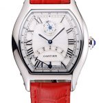 Cartier Tortue Perpetual Calendar White Dial Stainless Steel Case Red Leather Strap