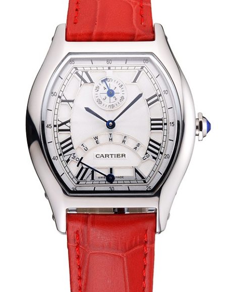 Cartier Tortue Perpetual Calendar White Dial Stainless Steel Case Red Leather Strap