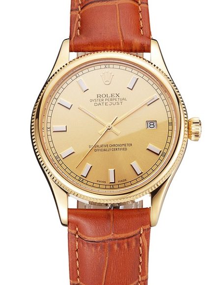 Swiss Rolex Datejust Gold Dial Gold Case Light Brown Leather Strap