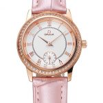 Omega De Ville Prestige Small Seconds White Dial Diamond Bezel Rose Gold Case Pink Leather Strap