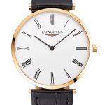 Swiss Longines Grande Classique White Dial Roman Numerals Gold Case Black Leather Strap